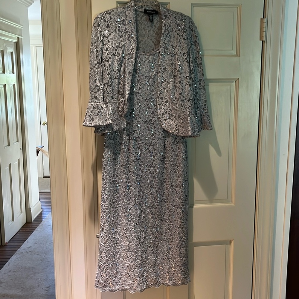 2 piece R & M Richards dress, size 8, silver lace and sequins, great condition!